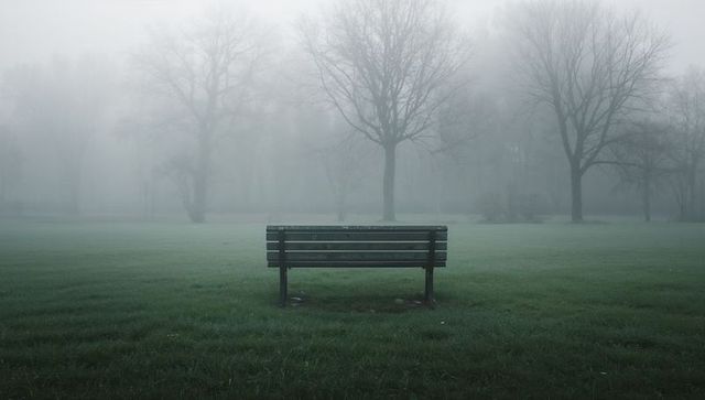 Lonely park bench in misty morning fog with bare trees and dewy grass, moody solitude