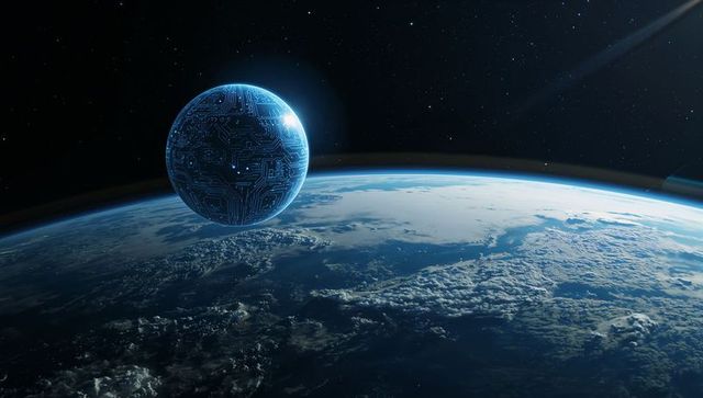 Neon circuit sphere orbiting earth horizon futuristic ai satellite above planet