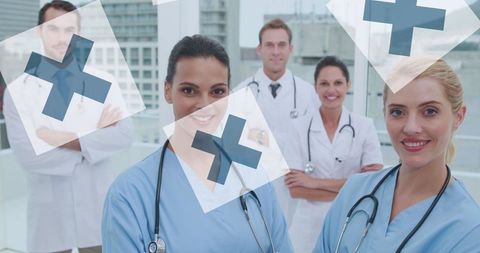 Diverse Medical Team in Bright Hospital with Digital Overlay - Download Free Stock Images Pikwizard.com