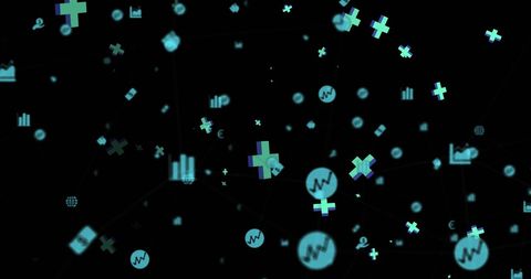 Social media icons and connections on black background