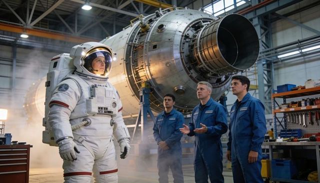 Astronaut in EVA Suit Inspecting Rocket Engine with Technicians in Blue Overalls Hangar Briefing