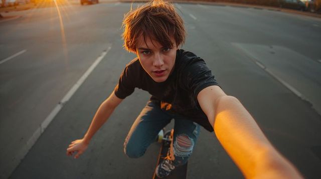 Crouching teen skateboarder riding at sunset on urban road with golden hour sunflare
