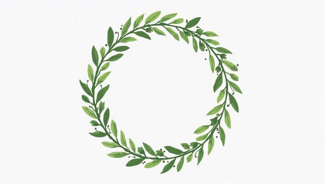 Handdrawn green laurel wreath circle frame with delicate leaves and berries for invitations