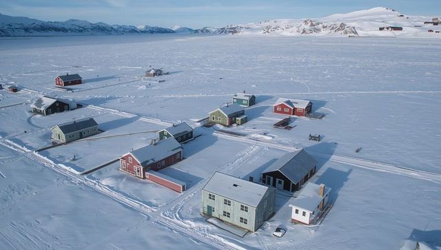 Aerial view of arctic hamlet sitting under snow on frozen bay with colorful houses