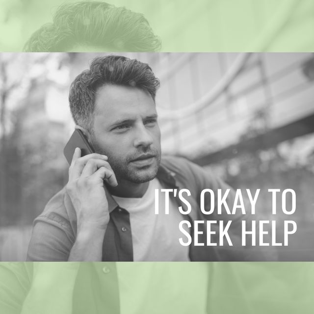 It's Okay to Seek Help - Man Talking on Smartphone - Download Free Stock Templates Pikwizard.com