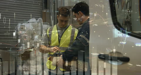 Courier and Warehouse Workers Analyzing Amid Financial Data Animation