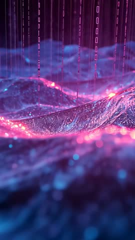 Revealing Neon Mesh Crest Pushing Through Cybernetic Data Waves in Vertical Cyberpunk Scene