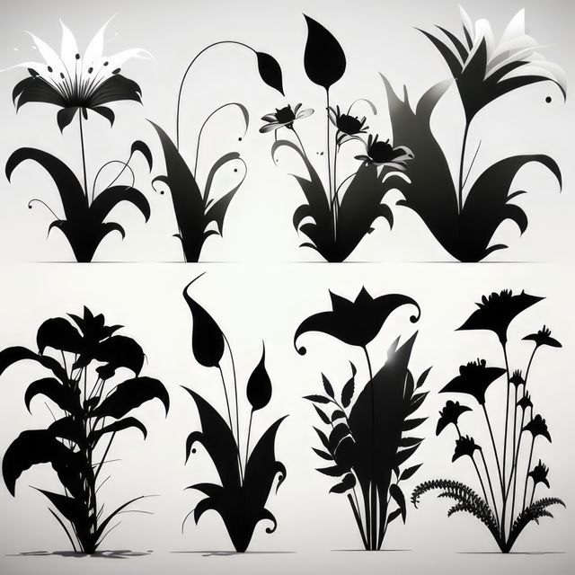 Close up of black flower silhouettes on white background, created using generative ai technology. Nature, pattern and texture concept digitally generated image.