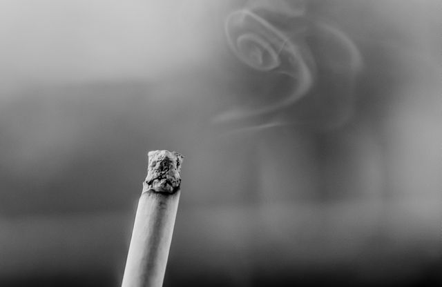 Close-up capture of a burning cigarette with wisps of smoke in black and white. This image is useful for illustrating themes of smoking, addiction, health risks, and tobacco use. Suitable for websites, blogs, or articles discussing smoking-related issues, tobacco control, or anti-smoking campaigns.