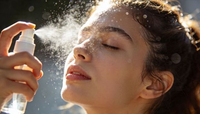Young woman spraying facial mist outdoors, sunlit droplets and bokeh skincare moment