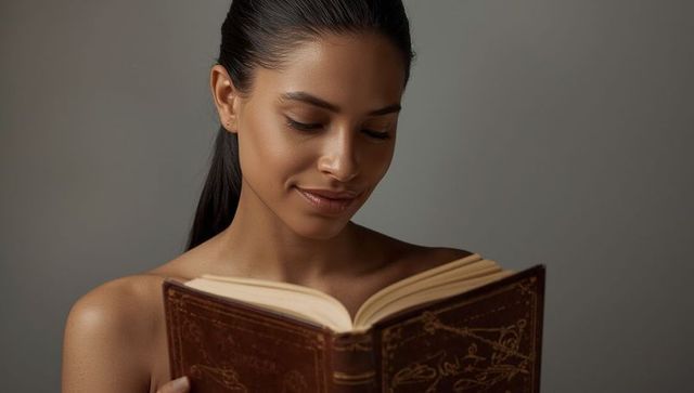 Woman Embracing Literature with Antique Leather-bound Book