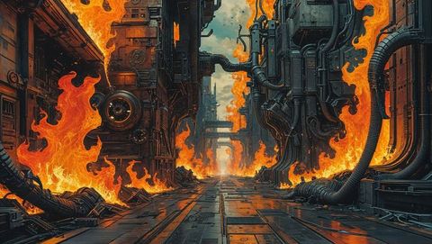 Futuristic industrial corridor ablaze with hell flames