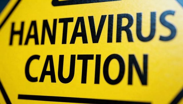Hantavirus caution sign at laboratory entrance yellow biohazard warning alert