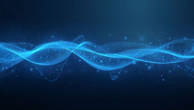 Cyan Neon Digital Waveform with Mesh Lines and Floating Particles for Tech Background