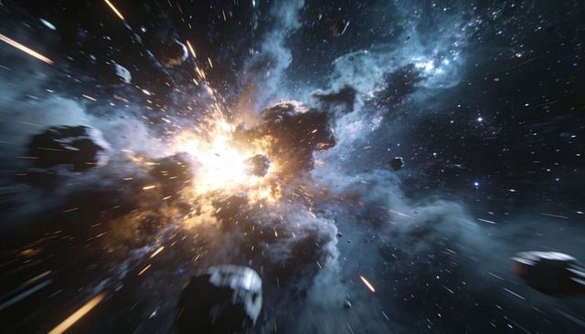 Asteroid field exploding into nebula shockwave with bright core flare and light trails