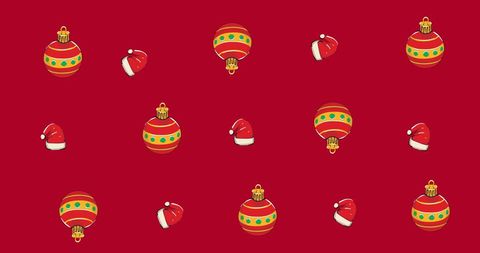 Festive Red Background with Christmas Baubles and Santa Hats