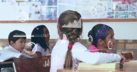 Elementary students learning with augmented reality overlays and digital graphs in classroom