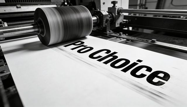 Printing pro choice banner on commercial press roller with bold monochrome typography