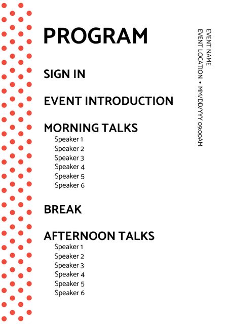 This vibrant event schedule template featuring bold red polka dots is ideal for conferences, seminars, workshops, and corporate events. It is perfect for organizers who want a modern and eye-catching design for their event itinerary. Use this template to detail session times, speakers, and break periods in a professional and stylish manner. This template is also convenient for both digital and printed formats, helping you easily communicate your event’s program to attendees.