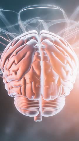 3D Brain Model Rotating and Pulsing Neural Streams in Futuristic Dark Space Vertical Video