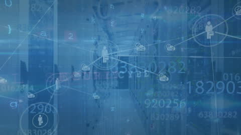 Futuristic Network Icons Overlaid on Server Room
