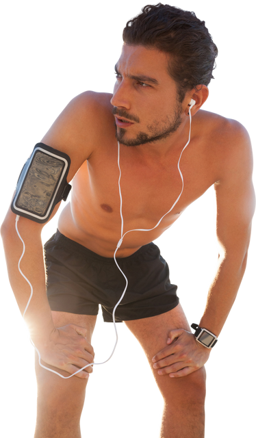 Shirtless Man With Armphone Holder And Earphones Relaxing Outdoors - Download Free Stock Videos Pikwizard.com