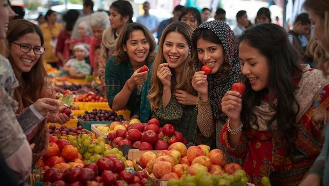 Women Enjoying Fruits at Vibrant Farmers Market