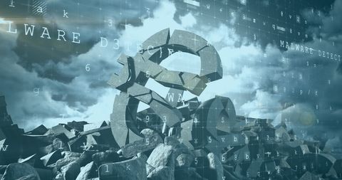 Cracked Euro Symbol with Floating Digital Data and Currency