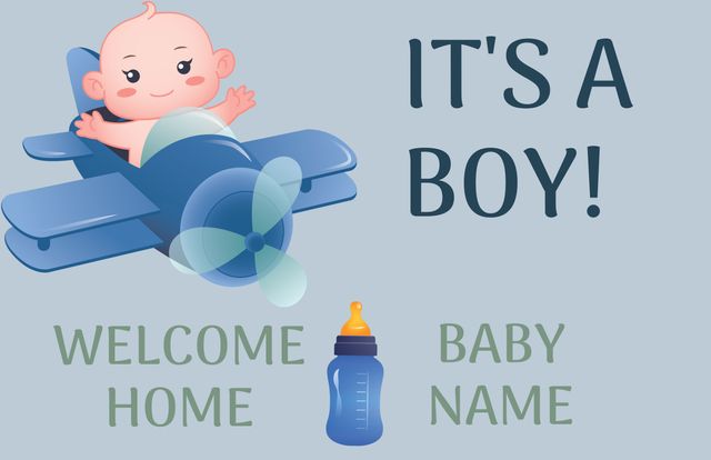 Newborn Baby Boy Announcement with Plane Theme - Download Free Stock Templates Pikwizard.com