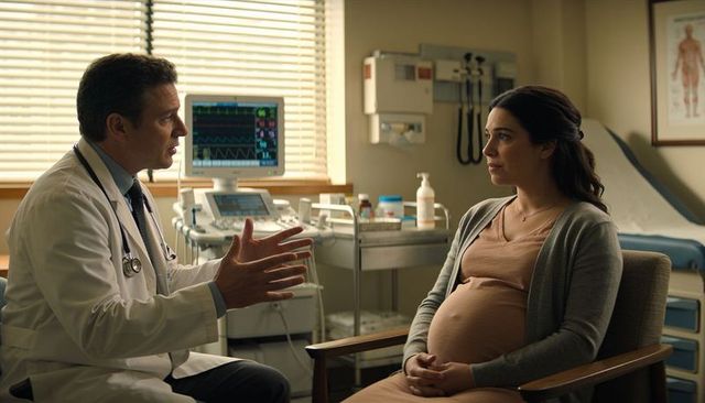 Doctor consulting pregnant woman in clinic discussing prenatal care, fetal health and ultrasound