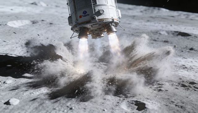 Lunar lander descending with thrusters lifting regolith and creating dramatic dust plume