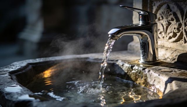Steaming water pouring from chrome faucet into weathered stone basin with floral relief