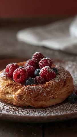 Close-up Vertical Video Showing Flaky Danish Pastry Topped with Raspberries and Blueberries