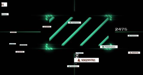 Neon teal cyber hud interface with diagonal glowing slashes, floating id tags and avatars