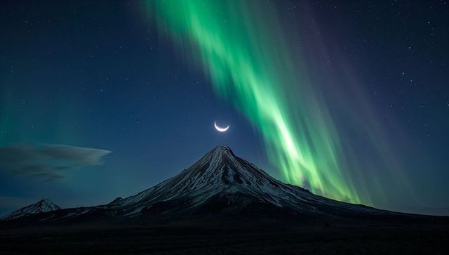 Northern Lights Dancing Over Snow-Capped Volcano With Crescent Moon