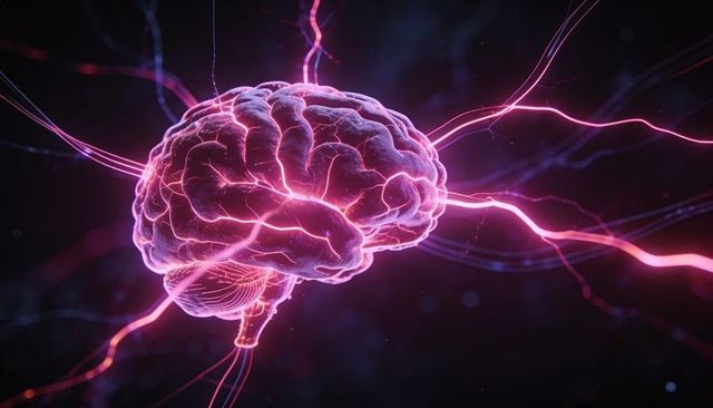 Neon glowing human brain with pulsing neural filaments and illuminated cortical networks