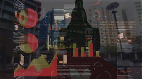 Animated Financial Data Over Urban Cityscape