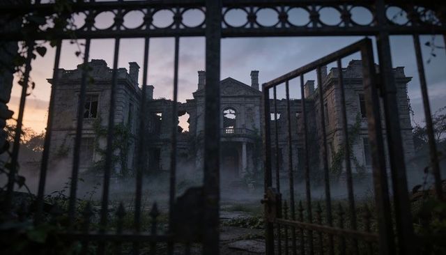 Ajar rusted gate framing fog-shrouded ivy-clad ruined neoclassical manor at twilight