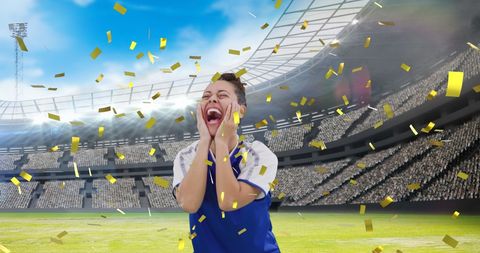 Cheering Athlete Celebrating in Stadium With Confetti