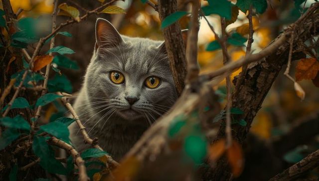 Grey Short-Haired Cat Among Autumn Leaves in Peaceful Garden