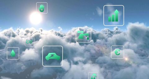 Floating Green Sustainability Icons Above Cloudscape Representing Eco-Friendly Concepts