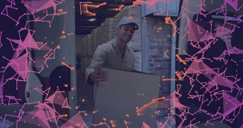 Warehouse worker carrying large box at loading bay with purple digital network overlay