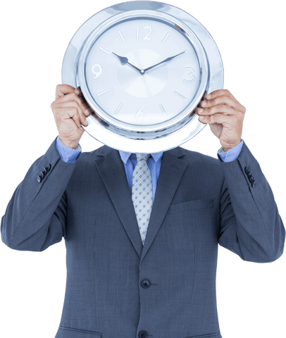 Businessman holding transparent wall clock over face conceptual image