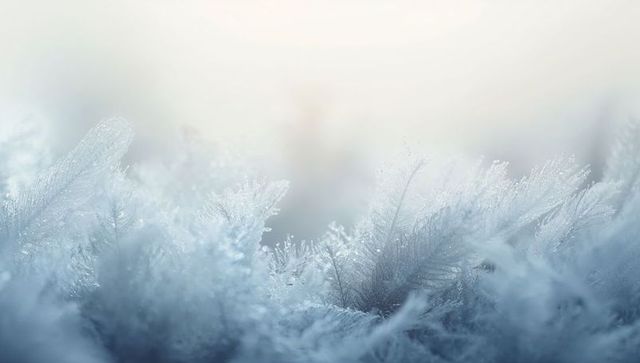 Glittering hoarfrost crystals on meadow at dawn, macro backlit ethereal bokeh