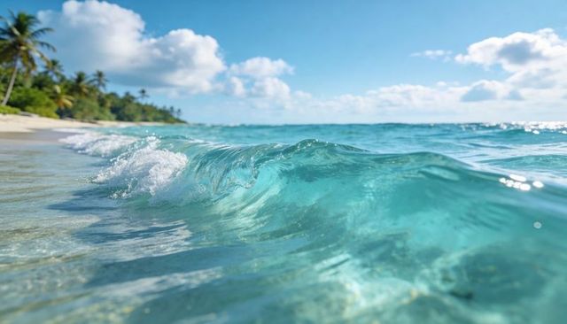 Close-up turquoise wave breaking on sunlit tropical beach with palm trees