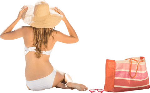Caucasian Woman Sunbathing in Bikini with Sunhat on Transparent Background