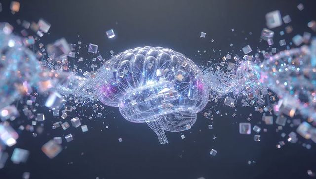 Glowing Wireframe Brain Rotating with Neural Data Streams, Floating Cubes, Futuristic Flow