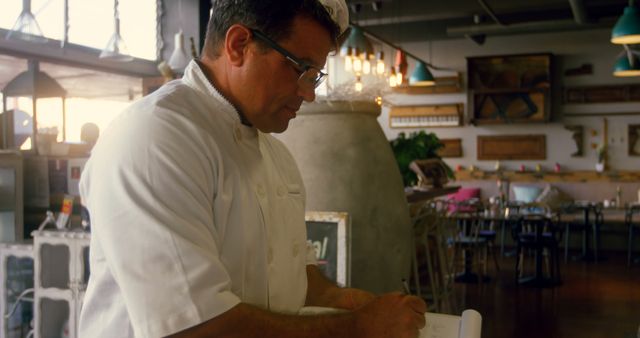 Restaurant chef in white uniform taking notes in a contemporary dining area suggests themes of culinary expertise and restaurant management. Perfect for commercials and visuals related to professional cooking, kitchen activities, hospitality services, chef training, and restaurant advertisements.