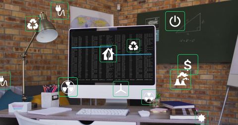 Sustainability Icons Overlaid on High-Tech Office Workspace - Download Free Stock Images Pikwizard.com