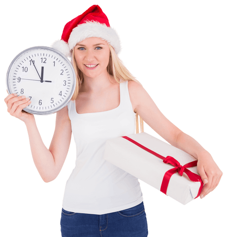 Smiling Christmas Woman Holding Clock and Gift Box Transparent